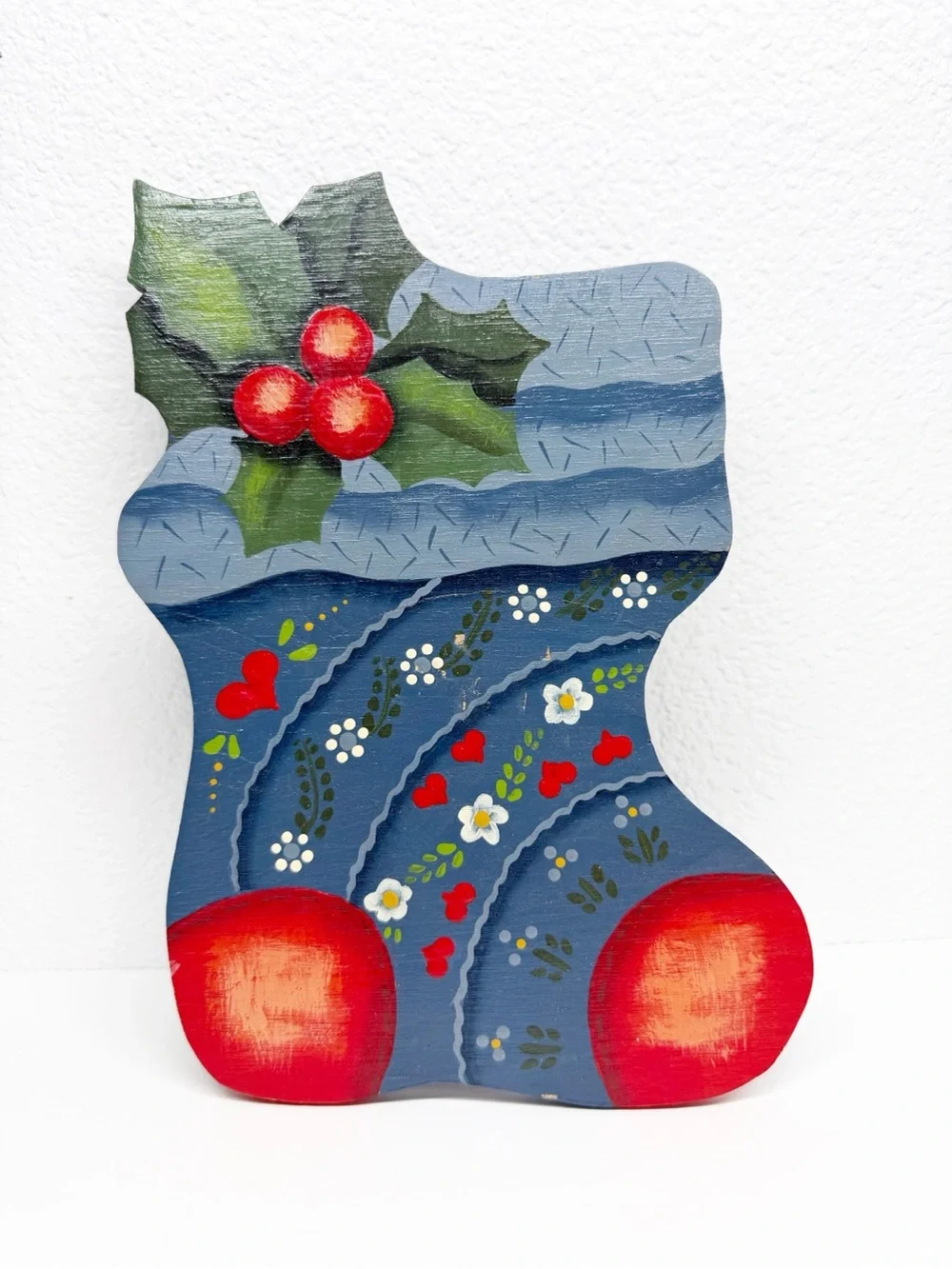 Vintage Hand Painted Wood Christmas Floral Stocking